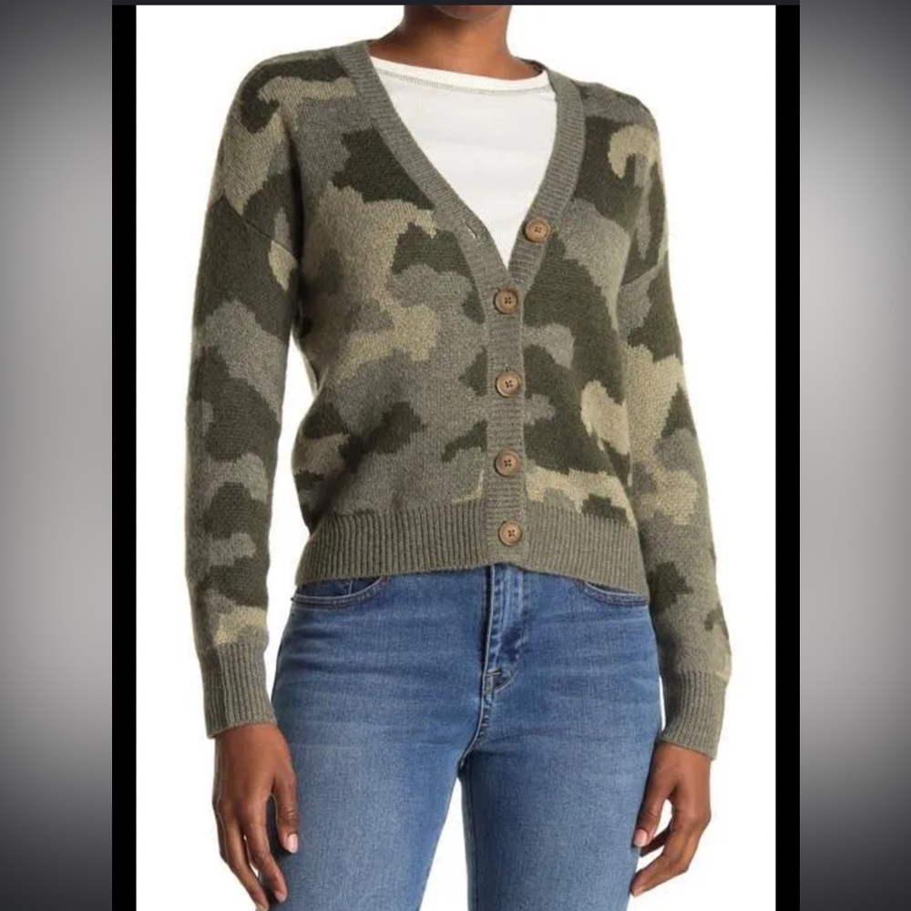 Lucky Brand Camouflage Cardigan Sweater Small Green Button Up Soft Wool Blend - Picture 12 of 12